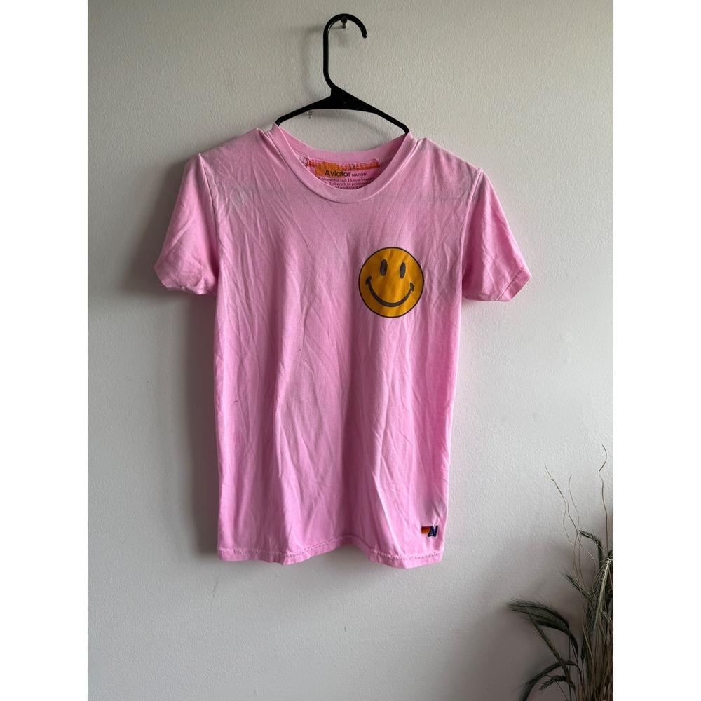 Aviator Nation Pink Smiley Face Graphic T-Shirt Short Sleeve Size 14 Kids